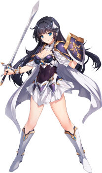 Rule 34 | 1girl, armor, black hair, blue eyes, boots, breastplate, breasts, choukou (alicesoft), choukou taisen escalation heroines, cleavage, covered navel, full body, highres, holding, holding shield, holding sword, holding weapon, large breasts, long hair, looking at viewer, min-naraken, mizuhara hazuki, pauldrons, shield, shoulder armor, smile, solo, sword, tachi-e, toushin toshi, toushin toshi ii, weapon, white boots