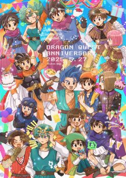 &gt;_&lt; 2025 4girls 6+boys :d ancestor_and_descendant angel angel_wings anniversary aqua_hair aqua_leotard aqua_tunic arm_behind_head armlet armor asymmetrical_clothes aviator_cap bandana belt black_bodysuit black_hair blue_armor blue_eyes blue_hair blue_hat blue_tunic blunt_bangs bodysuit breast_envy brown_gloves brown_hair cape capelet chainmail chiya_(nhy-131812) circlet commentary_request copyright_name crossed_arms curly_hair dated dragon_quest dragon_quest_i dragon_quest_ii dragon_quest_iii dragon_quest_iv dragon_quest_ix dragon_quest_v dragon_quest_vi dragon_quest_vii dragon_quest_viii dragon_quest_x dragon_quest_xi earrings everyone fake_horns fins gloves goggles goggles_on_headwear gold_buckle gold_choker gold_thighlet green_hair green_tunic halo hat hat_flaps head_fins headpiece heart helmet hero_(dq1) hero_(dq10) hero_(dq11) hero_(dq3) hero_(dq4) hero_(dq5) hero_(dq6) hero_(dq7) hero_(dq8) hero_(dq9) heroine_(dq10) heroine_(dq3) heroine_(dq4) heroine_(dq9) highres holding_another&#039;s_wrist hoop_earrings horned_helmet horns in-franchise_crossover indian_style jewelry leotard long_hair medium_hair multiple_boys multiple_girls muscular muscular_male one-shoulder_tunic one_eye_closed open_mouth orange_bandana orange_bodysuit parted_hair pink_hair pixels prince_of_lorasia purple_cape purple_tunic purple_turban red_tunic rolling_sleeves_up roto_(dq3) short_hair silver_armlet silver_circlet silver_earrings single_bang single_earring sitting slime_(dragon_quest) smile spiked_hair stud_earrings sweatdrop thighlet tunic turban twitter_username white_gloves white_tunic wings