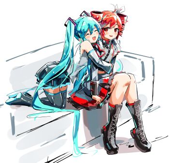 Rule 34 | 2girls, absurdly long hair, absurdres, ahoge, belt, black belt, black boots, black skirt, black sleeves, black thighhighs, blue hair, blush, boots, bow, buttons, closed eyes, couch, detached sleeves, double-breasted, drill hair, grey jacket, grey skirt, hair between eyes, hair bow, hatsune miku, highres, hug, hug from behind, jacket, kasane teto, kasane teto (sv), knee boots, kneehighs, lace-up boots, layered skirt, layered sleeves, long hair, long sleeves, midriff peek, mp777b, multiple girls, open mouth, platform boots, pleated skirt, red eyes, red skirt, red socks, red trim, shirt, shoulder belt, sitting, skirt, skirt set, sleeveless, sleeveless shirt, socks, sweatdrop, synthesizer v, teeth, thigh boots, thighhighs, twin drills, twintails, upper teeth only, utau, very long hair, vocaloid, white bow, white shirt, zettai ryouiki