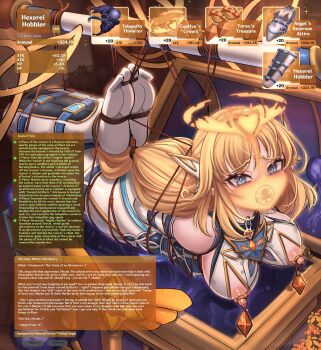 1girl absurdres armbinder arms_behind_back bare_shoulders bdsm blonde_hair blue_eyes blush bondage bound bound_ankles bound_arms bound_legs bound_thighs bound_toes bound_torso breasts commentary dankestofdans dress english_commentary english_text facial_mark forehead_mark gag gag_harness gagged gameplay_mechanics genshin_impact gold_halo highres hogtie large_breasts large_variant_set legbinder long_hair looking_at_viewer muzzle_gag nicole_(genshin_impact) nipple_clamps nipples restrained rope shibari shibari_over_clothes solo story_in_commentary suspension treasure_chest variant_set variant_set_available very_long_hair white_dress