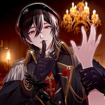 Rule 34 | 1boy, aiguillette, ayn alwyn, ayn alwyn (infinite empire), black gloves, black hair, black jacket, black shirt, blurry, blurry background, boutonniere, buttons, chandelier, collared jacket, diamond-shaped earrings, diamond button, earrings, epaulettes, finger to mouth, flower, fur-trimmed sleeves, fur trim, gem, gloves, hair between eyes, hat, highres, holding another's wrist, indoors, jacket, jewelry, lamp, long hair between eyes, long sleeves, looking at viewer, lovebrush chronicles, male focus, military hat, military uniform, necktie, parted lips, peaked cap, pov, pov hands, red eyes, red flower, red gemstone, red hat, red necktie, red rose, rose, shirt, short hair, shushing, single earring, sleeve cuffs, smile, solo, upper body, waimi