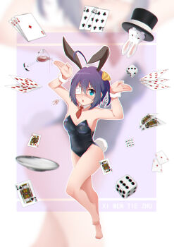 :o absurdres ahoge animal animal_ears barefoot black_leotard blue_eyes blush breasts card chuunibyou_demo_koi_ga_shitai! cleavage detached_collar dice eyepatch glass hair_between_eyes hat highres king_(playing_card) leotard medical_eyepatch medium_breasts medium_hair necktie playing_card queen_(playing_card) rabbit rabbit_ears rabbit_tail red_necktie seisen short_necktie tail takanashi_rikka top_hat wrist_cuffs