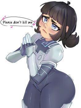 1girl armor artist_name ass begging black_hair blue_eyes blush bodysuit highres huge_ass invincible_(series) medium_hair pleading_eyes power_armor speech_bubble sweat tech_jacket thick_thighs thighs twintails wide_hips yawuart zoe_thompson_(invincible)