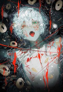 1boy blurry chest_tattoo chinese_text coin colored_eyelashes eyelashes facial_mark green_eyes hair_between_eyes heterochromia highres male_focus original pale_skin partially_submerged red_eyes saliva shibahao_mianyang_lieche short_hair sidelocks solo string string_of_fate tattoo teeth thread tongue tongue_out upper_body upper_teeth_only water watermark white_eyelashes white_hair