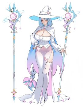 1girl blue_eyes blue_hair blush breasts brooch cleavage cloak dress gradient_hair high_heels highres jewelry long_hair long_sleeves looking_at_viewer mono_(mo_n_mno) multicolored_hair original pink_hair side_slit solo staff thighhighs very_long_hair white_cloak white_dress white_thighhighs