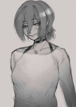 1girl chainsaw_man choker closed_mouth greyscale hair_between_eyes hair_bun highres jewelry looking_at_viewer mochakumo monochrome necklace reze_(chainsaw_man) shirt smile solo