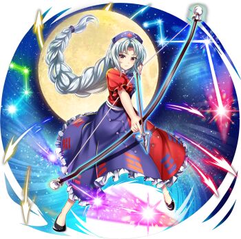 1girl arrow_(projectile) big_dipper black_shoes blue_dress blue_hat bow_(weapon) braid breasts cassiopeia_(constellation) closed_mouth constellation constellation_print cross drawing_bow dress frilled_dress frills full_body full_moon game_cg grey_hair hat high_heels highres holding holding_arrow holding_bow_(weapon) holding_weapon long_dress long_hair medium_breasts moon no_socks nurse_cap official_art parted_bangs puffy_short_sleeves puffy_sleeves red_cross red_dress ribbon rotte_(1109) sash shoes short_sleeves single_braid solo standing third-party_source touhou touhou_lostword transparent_background trigram two-tone_dress very_long_hair weapon white_hair white_ribbon white_sash yagokoro_eirin yellow_eyes
