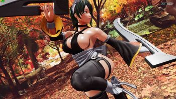 1girl 3d ass black_hair black_leotard blue_sky breasts butterfly_swords curvy fighting_stance forest highleg highleg_leotard highres holding holding_weapon iroha_(samurai_spirits) large_breasts leg_lift leotard lips looking_to_the_side maid maid_headdress nature revealing_clothes ryona samurai_spirits screencap shiny_skin short_hair sky smile snk solo standing standing_on_one_leg third-party_edit thong_leotard tree weapon wide_hips