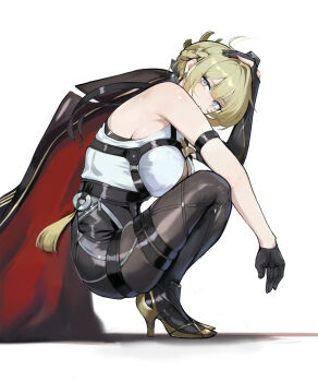 1girl aren67r arm_strap bare_shoulders black_coat black_gloves black_pants blonde_hair breast_press breasts chest_harness cleavage coat coat_on_shoulders commentary earrings elbow_gloves english_commentary evelyn_chevalier from_side full_body gloves half_gloves hand_on_own_head harness high-waist_pants highres jewelry large_breasts latex_pants long_ribbon looking_at_viewer mole mole_under_eye pants parted_lips purple_eyes ring_hair_ornament see-through_clothes shadow shirt simple_background single_elbow_glove single_half_glove sleeveless sleeveless_shirt solo squatting tight_clothes tight_pants white_background white_hair zenless_zone_zero