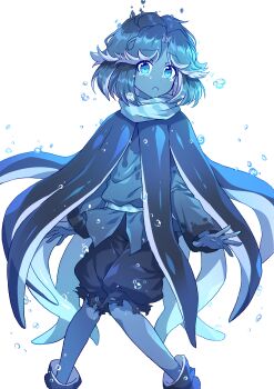 1other absurdres aqua_hair aqua_shirt aqua_skin aqua_theme arms_at_sides black_shorts blue_eyes blue_robe blue_sash blue_scarf bubble colored_inner_hair colored_skin cookie_run crying crying_with_eyes_open curtained_hair dot_nose feet_out_of_frame flipped_hair floating_tears furrowed_brow heel_up highres humanization kaoling knees_together_feet_apart long_sleeves medium_hair middle_part multicolored_hair non-deformed open_hands other_focus parted_bangs parted_hair parted_lips pigeon-toed puffy_shorts robe saliva sash scarf shirt shoes shorts simple_background solo squid_ink_cookie stained_clothes tears tentacle_clothes white_background white_hair