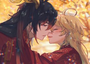 2boys aether_(genshin_impact) ahoge alternate_costume black_hair blonde_hair china_dress chinese_clothes commentary_request dress earrings genshin_impact hinata0313 horns imminent_kiss jewelry male_focus multiple_boys outdoors partial_commentary red_dress single_earring tree yaoi zhongli_(archon)_(genshin_impact) zhongli_(genshin_impact)