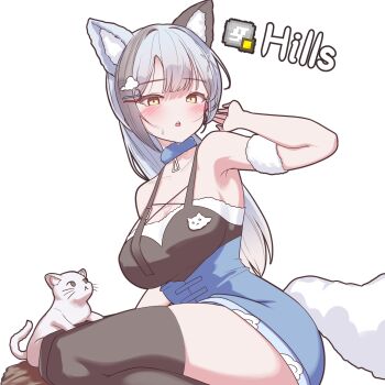 1girl akaiv_studio animal beemong black_dress blue_dress blue_hair blush breasts cat commentary cowboy_shot dress grey_streaks hair_ornament hand_up highres large_breasts looking_at_viewer multicolored_hair open_mouth rapid17 simple_background sleeveless sleeveless_dress solo streaked_hair two-tone_dress virtual_youtuber white_background x_hair_ornament yellow_eyes