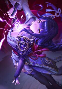 1girl artofkuzu blue_eyes blue_hair blurry blurry_background braid breasts cleavage from_behind genshin_impact glowing headband highres holding holding_sword holding_weapon large_breasts long_hair looking_at_viewer looking_back raiden_shogun solo sword weapon