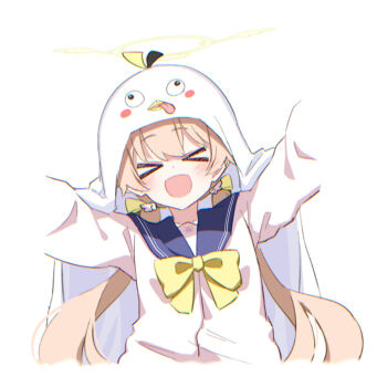 Rule 34 | > <, 1girl, blue archive, blush, bow, bowtie, brown hair, foulo paints, hat, hifumi (blue archive), highres, long hair, peroro (blue archive), school uniform, solo, tongue, tongue out, twitter, white background, yellow bow, yellow bowtie