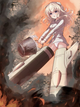 Rule 34 | 1girl, :o, animal ears, blonde hair, blue eyes, brave witches, cameltoe, commentary request, dog ears, dog girl, fire, flying, highres, holding, holding tray, long hair, no pants, nora taylor, open mouth, outdoors, panties, shionic zm, shirt, solo, striker unit, tray, tree, underwear, water, white panties, white shirt, world witches series