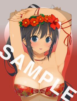 1girl armpits arms_up black_hair bracelet breast_mousepad breasts cleavage flower hair_flower hair_ornament highres homura_(senran_kagura) jewelry marvelous mousepad_(medium) necklace sample_watermark senran_kagura swimsuit tan tanline watermark yaegashi_nan