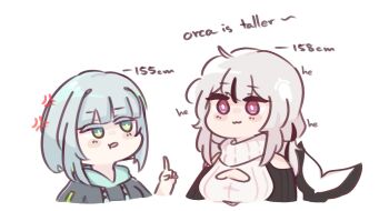 2girls :3 anger_vein artist_self-insert bare_shoulders black_hair blush_stickers breasts cetacean_tail chibi chonkyorca cleavage_cutout closed_mouth clothing_cutout colored_eyelashes commentary cropped_torso drawstring english_text fins fish_tail green_eyes grey_hair grey_hoodie hand_up heart_cutout highres hood hood_down hoodie index_finger_raised long_hair medium_breasts multicolored_hair multiple_girls orca_(chonkyorca) original parted_lips pout purple_eyes ribbed_sweater shoulder_cutout simple_background streaked_hair sweater tail turtleneck turtleneck_sweater upper_body white_background white_sweater