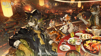 2boys abalone alcohol arknights beer black_coat bowl building character_request chinese_commentary chopsticks coat commentary_request crab egg fireworks furry furry_female gloves highres juice lantern lotus_root multicolored_hair multiple_boys mushroom official_art open_mouth plate rice shrimp soy_sauce xiling