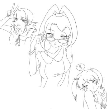 3girls amano_nene_(digimon_xros_wars) blush digimon digimon_(creature) glasses highres hinomoto_akari looking_at_viewer multiple_girls open_mouth shiotani_40 suzaki_airu twintails