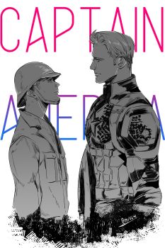 Rule 34 | 2boys, absurdres, artist name, avengers: endgame, avengers (series), belt, blue eyes, bodysuit, buttons, captain america, captain america: the first avenger, captain america (series), character name, closed mouth, collared jacket, commentary, dual persona, english commentary, greyscale, helmet, highres, holding, holding shield, jacket, long sleeves, looking at another, male focus, marvel, marvel, military uniform, monochrome, multiple boys, pocket, shield, short hair, simple background, smile, standing, star (symbol), steve rogers, striped, superhero costume, toy (toy084)