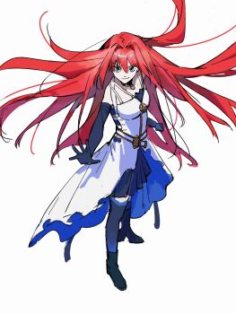 1girl absurdres aozaki_aoko black_boots black_gloves boots closed_mouth dress elbow_gloves fate/grand_order fate_(series) floating_hair full_body gloves highres long_hair millonview619 official_alternate_costume red_hair simple_background smile solo standing super_aoko very_long_hair white_background white_dress