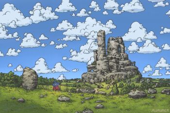 1other artist_name aurumek blue_hat blue_sky castle cloud cloudy_sky commentary covered_wagon day english_commentary facing_away field forest grass hat highres hill holding holding_staff moss nature original outdoors path road rock scenery sky solo staff tree wagon witch_hat