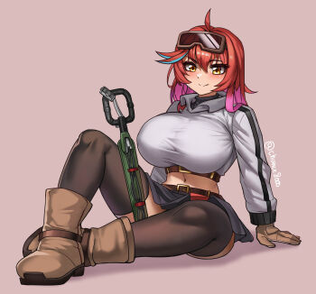 1girl absurdres ahoge black_thighhighs blush boots breasts brown_boots brown_gloves chance8000 closed_mouth commentary commission english_commentary full_body gloves goggles goggles_on_head hair_between_eyes handheld_metal_detector highres huge_breasts jacket knee_up long_sleeves looking_at_viewer medium_hair midriff navel original pink_background red_hair simple_background sitting smile solo taut_clothes taut_jacket thighhighs white_jacket yellow_eyes