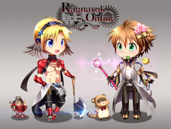 2boys :d armor armored_boots axe baby_animal bare_pectorals bell belt bird black_belt black_gloves black_pants blonde_hair blue_eyes blue_hairband blush boots bow bowtie brown_hair chain chibi chick closed_mouth clover coat commentary_request copyright_name english_text engrish_text feathers flower four-leaf_clover full_body gauntlets glint gloves grey_background grey_coat grey_jumpsuit hair_bell hair_flower hair_ornament hairband hand_on_own_hip holding holding_axe holding_staff jewelry jingle_bell jumpsuit jumpsuit_around_waist long_sleeves machine male_focus mechanic_(ragnarok_online) mouth_hold multiple_boys necklace nip_sakazuki open_mouth pants pauldrons pectorals pink_flower raccoon ragnarok_online ranguage shirt short_hair shoulder_armor smile sparkle staff standing star_(symbol) warlock_(ragnarok_online) white_shirt