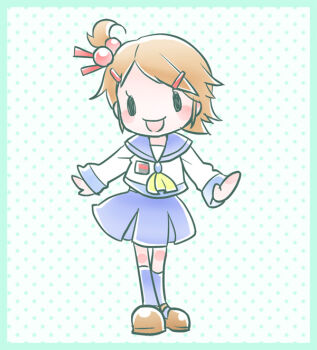 Rule 34 | 1girl, blue skirt, blue socks, blush, blush stickers, brown hair, brown shoes, chibi, corpse party, hair bobbles, hair ornament, hairclip, hairpin, long sleeves, one side up, open mouth, pleated skirt, polka dot, polka dot background, ponytail, school uniform, serafuku, shinozaki ayumi (artist), shoes, short hair, short ponytail, side ponytail, skirt, socks, solo, suzumoto mayu, aqua background, yellow neckwear