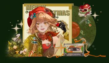 1girl :d absurdres apple apple_(reverse:1999) beret black_gloves brown_hair cassette_tape cherry chinese_commentary christmas_tree commentary_request facial_mark food fruit gloves green_background green_jacket hand_up hat heart heart_facial_mark highres holding holding_food holding_fruit jacket merry_christmas neckerchief open_mouth orange_eyes red_hat red_neckerchief red_tube_top regulus_(reverse:1999) reverse:1999 short_hair sideways smile solo sparkle strapless sunglasses tube_top upper_body vinyl_record weibo_tang