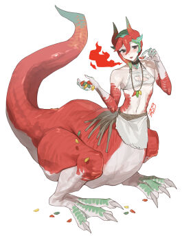 1boy absurdres animal_feet animal_hands breath_weapon breathing_fire brown_eyes chili_pepper claws colored_tips crop_top dragon_boy dragon_horns dragon_tail fire food full_body hands_up highres holding holding_food horns jewelry looking_at_viewer male_focus monster_boy multicolored_hair necklace original red_hair red_scales sakoku_(oyatsu3ji_) scales shin_(sakoku_(oyatsu3ji_)) short_hair simple_background sitting solo tail tongue tongue_out torn_clothes white_background