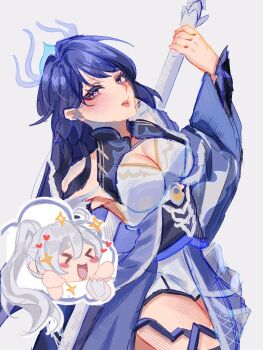 Rule 34 | > <, breasts, cleavage, commentary, english commentary, grey background, highres, holding, holding polearm, holding weapon, honkai (series), honkai impact 3rd, horns, japanese clothes, kiana kaslana, kimono, large breasts, long hair, looking at viewer, mamow ra, polearm, ponytail, purple eyes, purple hair, purple kimono, raiden mei, raiden mei (herald of dawn), simple background, thighs, very long hair, weapon, white hair, yellow horns