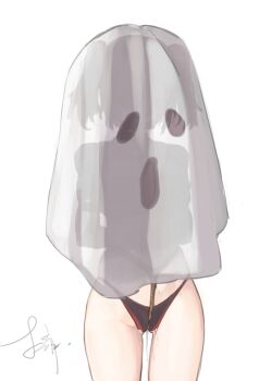 1girl absurdres arms_behind_back bdsm black_panties bondage bound box_tie burnice_white crotch_rope dongyunqing ghost_costume gluteal_fold groin halloween_costume happy_halloween highres long_hair panties pussy_juice shibari shibari_over_clothes skindentation standing thigh_gap thighs twintails underwear white_background zenless_zone_zero