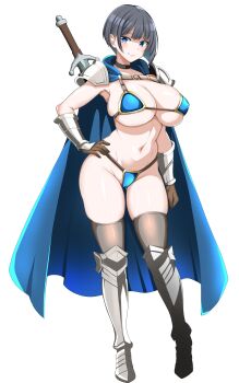 1girl absurdres arm_armor armor bikini bikini_armor black_choker blue_bikini blue_cloak blue_eyes breasts brown_gloves brown_thighhighs chest_belt choker cloak contrapposto doriane_dojin full_body gloves grey_hair gundam hand_on_own_hip highres huge_breasts looking_at_viewer micro_bikini navel original short_hair simple_background skindentation smile solo standing standing_on_one_leg stomach swimsuit sword thighhighs weapon white_background