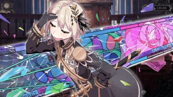 1girl black_gloves black_jacket blonde_hair broken_glass closed_eyes commentary_request courtroom epaulettes game_screenshot_background gameplay_mechanics glass glass_shards gloves hand_on_own_head hand_on_own_hip hand_up hasumi_leia highres indoors jacket long_sleeves mahou_shoujo_no_majo_saiban open_mouth sash satoi_itsuki screenshot_background short_hair shoulder_sash smile solo sparkle stained_glass standing