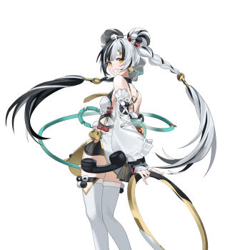 1girl absurdres ahoge bare_shoulders black_hair braid braided_twintails chakram china_dress chinese_clothes commentary_request corded_phone cowboy_shot detached_sleeves dialyn_(zenless_zone_zero) double_bun dress earrings from_side grin hair_bun hair_extensions hair_ornament hairclip highres holding holding_weapon jewelry long_hair looking_at_viewer multicolored_hair necktie panda_hair_ornament phone prtsss ring_hair_extensions simple_background smile solo split-color_hair thighhighs weapon white_background white_hair white_thighhighs wire yellow_eyes yellow_necktie zenless_zone_zero