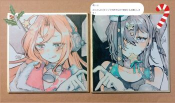 2girls aqua_hat arm_warmers candy choker competition_swimsuit drum_(kancolle) elbow_gloves eto_(etonomemo1008) food garrison_cap gloves grey_choker grey_hair hair_ornament hair_over_one_eye hat headgear headphones highres jacket kantai_collection licking_lips long_hair looking_at_viewer military_hat multiple_girls one-piece_swimsuit pink_hair pink_hat purple_eyes scamp_(kancolle) shikishi side_ponytail star_(symbol) star_hair_ornament swimsuit tongue tongue_out traditional_media white_gloves white_jacket