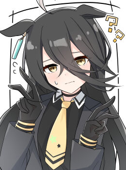 1girl ? ?? absurdres arnolddayo black_choker black_coat black_gloves black_vest blush choker closed_mouth coat collared_shirt double_v ear_ornament ear_tag earrings ears_down embarrassed gloves hair_between_eyes hands_up highres jewelry long_bangs long_hair_between_eyes long_sleeves manhattan_cafe_(umamusume) multicolored_hair necktie open_clothes open_coat shirt single_earring solo sweatdrop umamusume v vest white_hair white_shirt yellow_eyes yellow_necktie