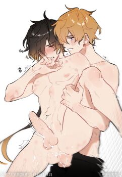 2boys anal bite_marks blue_eyes blush brown_hair closed_eyes completely_nude cum cum_in_ass erection genshin_impact gradient_hair hair_over_one_eye hickey highres holding_another&#039;s_leg korean_text leg_lift leg_up long_hair male_focus male_penetrated multicolored_hair multiple_boys nude open_pants orange_hair pants penis sex sex_from_behind sound_effects standing standing_on_one_leg standing_sex tartaglia_(genshin_impact) testicles toned toned_male topless_female trembling xxxx_owo_x yaoi zhongli_(genshin_impact)