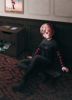 3girls absurdres alternate_costume artist_initials battywanderer blue_eyes boots breasts carpet cellphone choker doki_doki_literature_club earphones emo eyeliner film_grain highres makeup medium_breasts multiple_girls pants parted_lips phone pink_hair portrait sayori_(doki_doki_literature_club) shelf short_hair sitting skirt smartphone thighhighs torn_clothes torn_legwear zettai_ryouiki