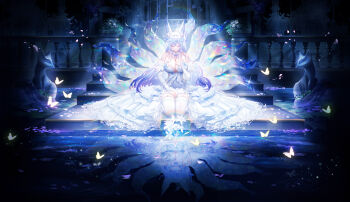 Rule 34 | 1girl, absurdres, animal ear fluff, animal ears, bare shoulders, blue hair, blue nails, breasts, bug, butterfly, chinese commentary, cleavage, closed eyes, closed mouth, commentary request, detached sleeves, dress, flower, fox ears, fox girl, hair ornament, hand on lap, hand on own chest, highres, indoors, insect, jianshu, kitsune, kyuubi, large breasts, long hair, long sleeves, multiple tails, nail polish, original, petals, petals on liquid, purple petals, reflection, reflective liquid, ripples, seiza, sitting, smile, solo, tail, thighhighs, thighs, very long hair, white dress, white flower, white thighhighs, wide shot, yellow butterfly