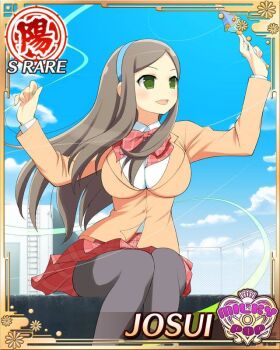 1girl black_pantyhose blue_hairband border bow bowtie breasts brown_hair card_(medium) character_name english_text game_cg green_eyes hairband jacket josui_(senran_kagura) large_breasts long_hair looking_to_the_side official_alternate_costume official_art open_mouth orange_jacket pantyhose plaid_bow plaid_bowtie plaid_clothes plaid_skirt red_bow red_bowtie red_skirt rooftop school_uniform senran_kagura senran_kagura_new_wave shirt sitting skirt smile solo wand white_shirt wind