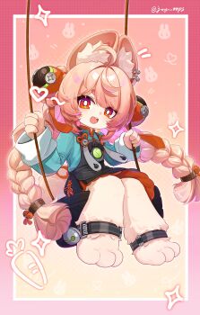 1girl absurdres ahoge animal_ear_fluff animal_ear_piercing animal_ears animal_feet animal_hands artist_name barefoot black_dress blue_shirt braid braided_hair_rings chinese_commentary commentary_request dress furry furry_female hair_ornament hair_rings highres joy_oops long_hair long_sleeves looking_at_viewer on_swing open_mouth pinafore_dress pink_background pink_hair rabbit_ears rabbit_girl rabbit_tail red_eyes shirt sleeveless sleeveless_dress solo sphere_hair_ornament swing tail thick_eyebrows twin_braids zenless_zone_zero zhao_(zenless_zone_zero)