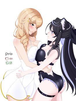 2girls animal_ears ass blonde_hair blue_eyes breasts breasts_squeezed_together cat_ears cat_girl cleavage dress hair_ornament highres indie_virtual_youtuber kaneko_lumi large_breasts multiple_girls nekrolina phase_connect star_(symbol) star_hair_ornament thigh_strap thighs twitter_strip_game virtual_youtuber white_background white_dress wriskelis yuri
