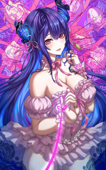 Rule 34 | 1girl, absurdres, asymmetrical horns, bare shoulders, blue hair, blush, breasts, cleavage, commentary request, cowboy shot, dress, elizabeth rose bloodflame, eyelashes, fuwawa abyssgard, highres, hololive, hololive english, horns, koseki bijou, large breasts, mococo abyssgard, mole, mole under eye, nerissa ravencroft, oyomeholic (nerissa ravencroft), parted lips, pink dress, purple eyes, raora panthera, shiori novella, smile, solo, strapless, strapless dress, string, string of fate, teku (2nd escape), uneven horns, virtual youtuber