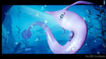 3d air_bubble animal_focus black_border black_eyes border bright_pupils bubble character_name commentary_request coral eye_trail eyelashes gen_3_pokemon gorebyss highres light_trail nintendo no_humans pokedex_number pokemon pokemon_(creature) scales seashell seaweed shell solo underwater user_uayz2323 white_pupils