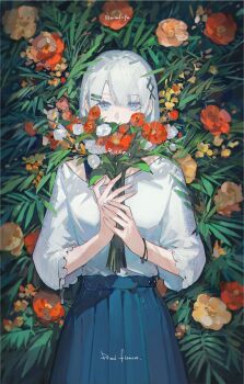 1girl absurdres blue_eyes blue_skirt bouquet bright_pupils commentary_request cowboy_shot doveop flower hair_ornament hairclip highres holding holding_bouquet looking_at_viewer orange_flower original red_flower shirt shirt_tucked_in skirt solo straight-on white_flower white_hair white_shirt x_hair_ornament