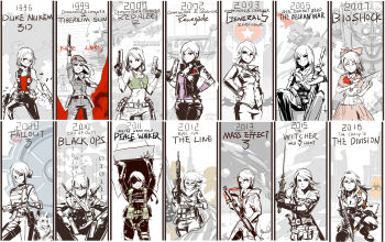 6+girls absurdres ace_combat ace_combat_zero american_flag ammunition_pouch assault_rifle beret big_boss big_boss_(cosplay) big_daddy_(bioshock) biohazard_symbol bioshock bioshock_(series) bioshock_1 box call_of_duty call_of_duty:_black_ops command_&amp;_conquer command_&amp;_conquer:_red_alert command_&amp;_conquer:_red_alert_2 command_&amp;_conquer:_tiberian_sun cosplay dog dog_tags dual_wielding duke_nukem duke_nukem_(cosplay) english_text evaita eyepatch f-15_eagle fallout fallout_3 glasses gloves gun hand_on_own_hip handgun hat highres holding kane_(c&amp;c) larry_foulke larry_foulke_(cosplay) little_sister_(bioshock) little_sister_(cosplay) lone_wanderer martin_walker martin_walker_(cosplay) mass_effect_(series) mass_effect_3 metal_gear_(series) metal_gear_solid:_peace_walker midriff military military_uniform multiple_girls naked_snake naked_snake_(cosplay) navel original ponytail pouch radiation_symbol red_alert_2 rifle scarf shell_casing spec_ops_the_line sword tanya_adams the_witcher_(series) the_witcher_3 tom_clancy&#039;s_the_division trigger_discipline vest weapon