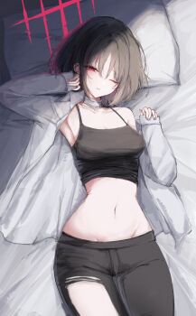 1girl armpits bandaged_neck bandages barbell_piercing black_camisole black_hair black_pants blue_archive breasts camisole clothes_lift commentary groin halo highres jacket long_sleeves looking_at_viewer lying medium_breasts misaki_(blue_archive) navel on_back on_bed one_eye_closed pants parted_lips piercing pillow red_eyes red_halo sain_mx0 shirt_lift short_hair single_bare_shoulder sleeves_past_wrists solo stomach torn_clothes torn_pants white_jacket