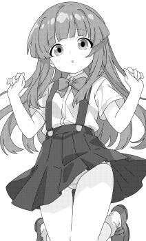 1girl absurdres arms_up furude_rika highres higurashi_no_naku_koro_ni jumping kirara_jump legs_up loli long_hair looking_at_viewer monochrome panties panty_peek pantyshot penicillindawa pleated_skirt shirt shoes short_sleeves skirt socks solo thigh_gap thighs underwear wind wind_lift